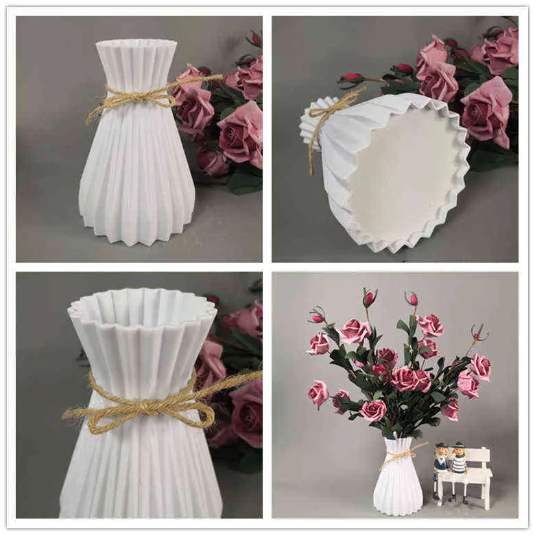 Vase Dekoration Haushalt Kunststoff Vase weiß Rattan Taille Handwerk Hause Blumenmädchen Korb für Hochzeit 211215
