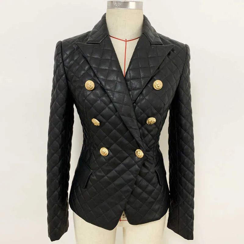 Topkwaliteit EST Designer Jacket Dames Double Breasted Lion Buttons Grid Naaien Synthetische lederen Blazer 211006