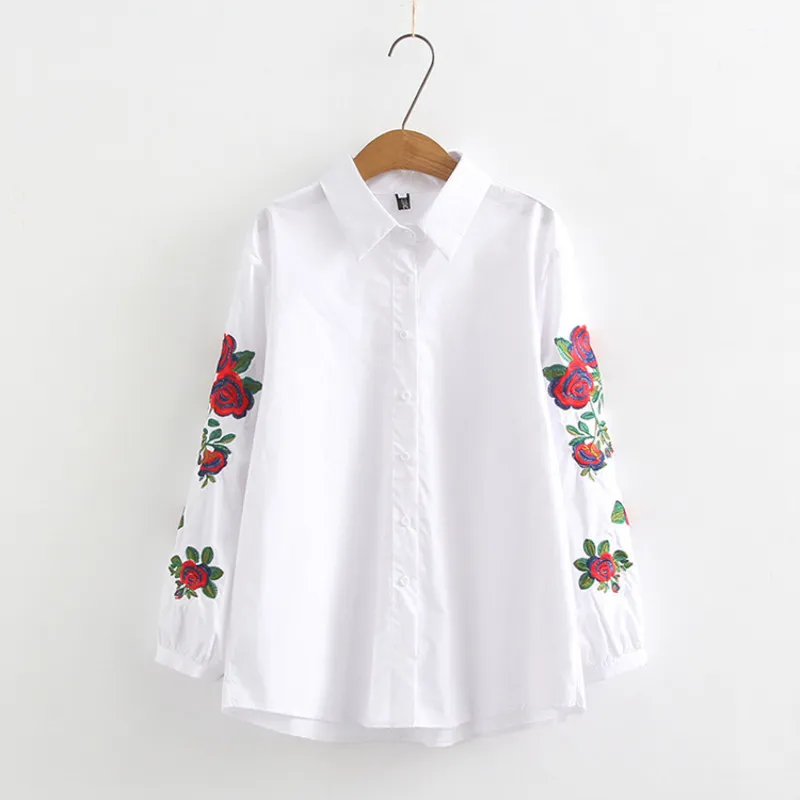 Damska wiosna jesienne koszule w paski z długim rękawem pojedyncze breloczki luźny kwiat haftowany bluzka żeński blusa topy PL559 210506
