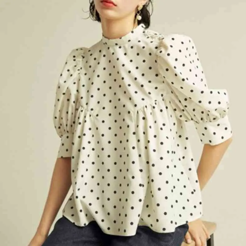 Polka Dot Blouse Femme Peter Pan Chemises D'été De Mode Bouffée À Manches Courtes Blusas Mujer De Moda Col Montant Femmes Tops 210514