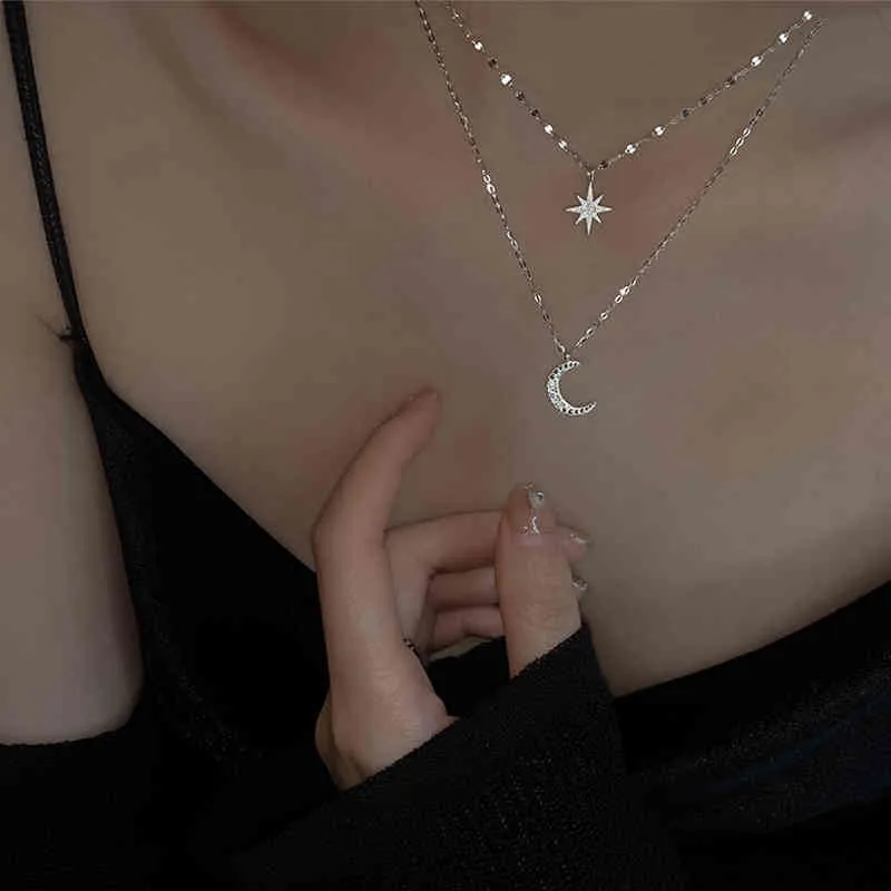 925 Sterling Silber Doppel Schicht Einfache Sterne Halsband Glänzenden Zirkon Mond Anhänger Halsketten Mädchen Edlen Zubehör NK092
