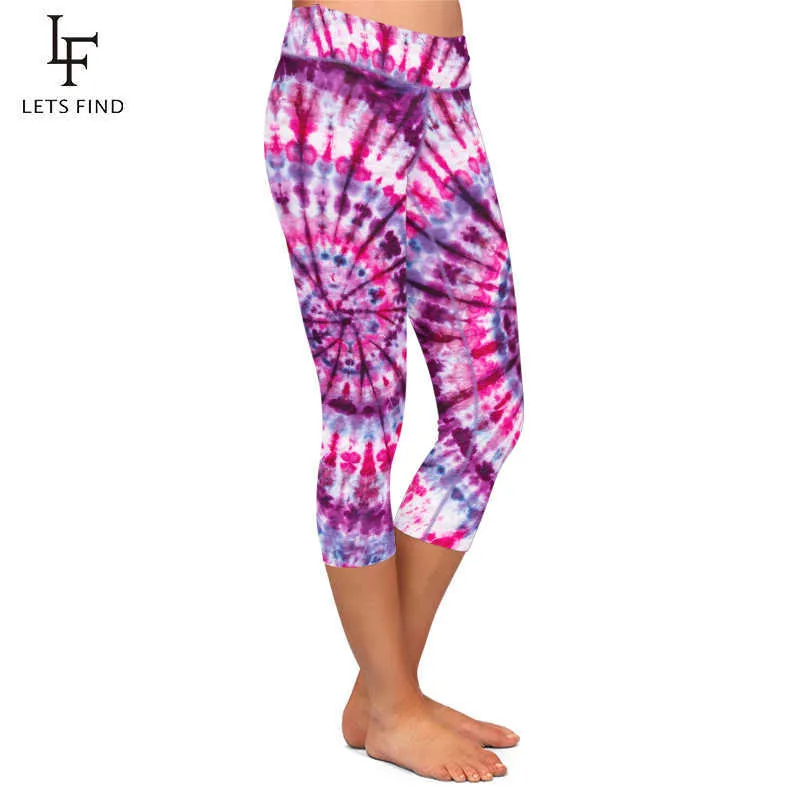 LETSFIND Brands Women Tie-dye Print Leggings Fashion High Waist Elastic Milk Silk Printed Mid-Calf Casual Plus Size 210925