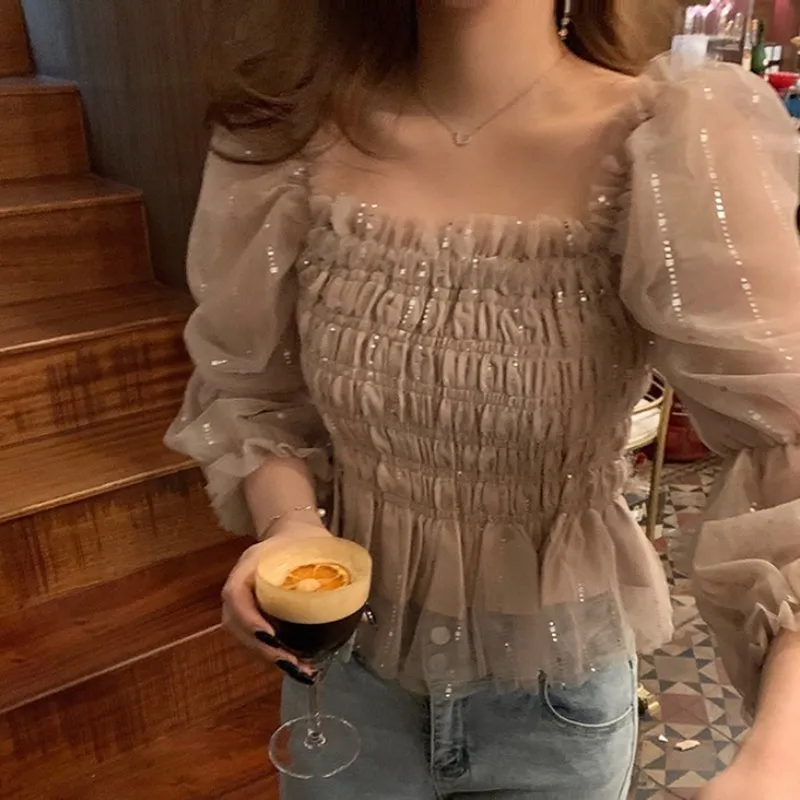 Ezgaga Sexy Blouse Dames Slash Neck Puff Sleeve Chiffon Lente Mode Ruched Clubwear Koreaanse Crop Tops Elegante Shirts 210430