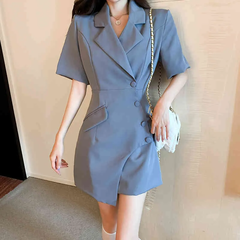 Vestido de mujer estilo coreano moda de verano elegante señora de la oficina con muescas de manga corta de cintura alta vestido delgado 210518