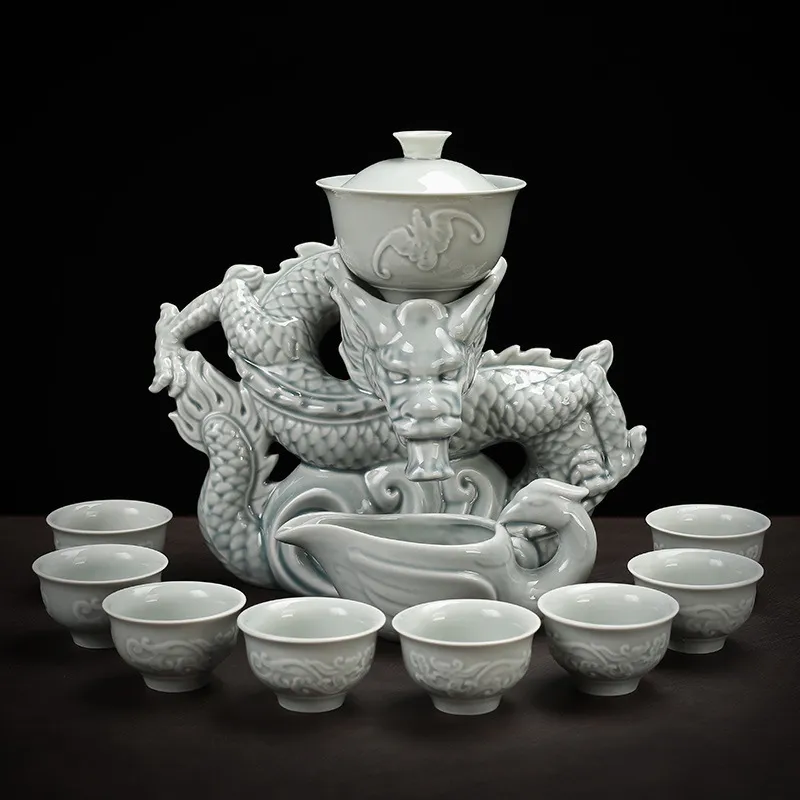 China Dragon Semi-Automatic Tea Set Lazy Brewing Kung Fu Hushållens keramiska pottceremony271d