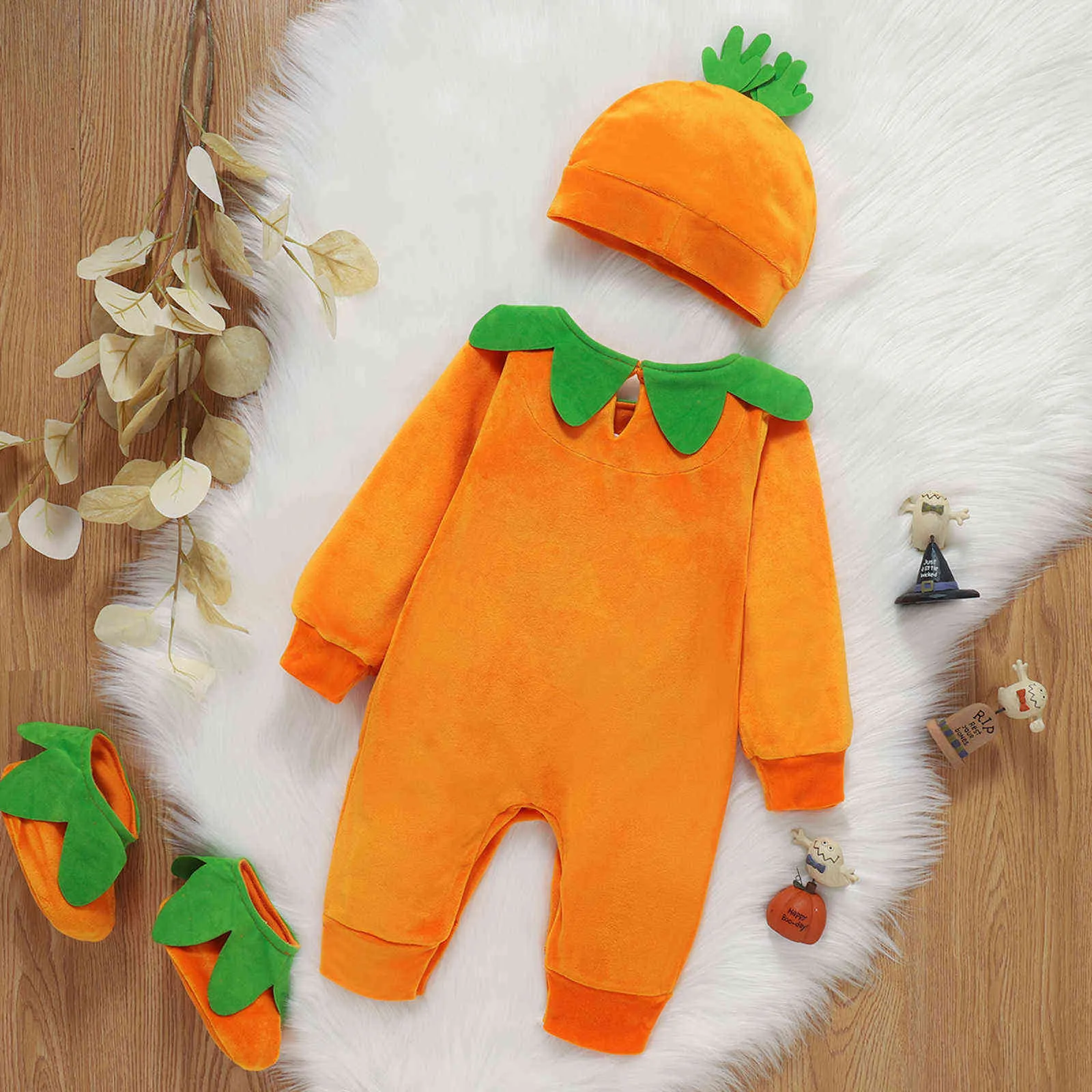 Mababy 0-24M Born Baby Boy Girl Halloween Kostuum Pompoen Romper Fluwelen Jumpsuit Hoed Schoenen Outfits Kleding DD40 211101