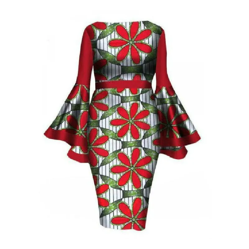Gedruckte Kleider Floral Lange Flare Ärmel Vintage Weibliche Figurbetontes Kleid Hohe Taille Afrikanische Frauen Große Größe Damen Herbst Mode 210416