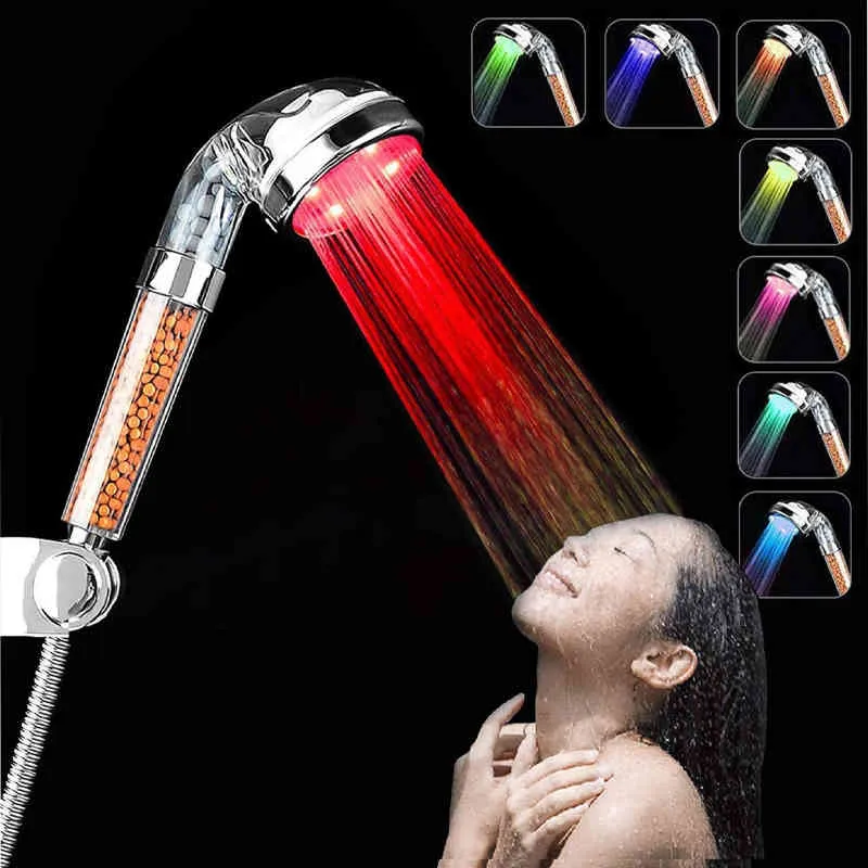 Bagno 3/7 Cambiamenti di colore Led Soffione doccia ad alta pressione il controllo della temperatura degli anioni a risparmio idrico