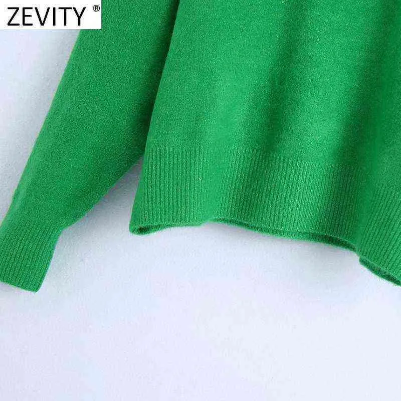 Zevity, suéter de punto informal de Color verde sólido con cuello falso para mujer, jerséis de manga larga básicos elegantes para mujer, Tops de marca SW900 211217