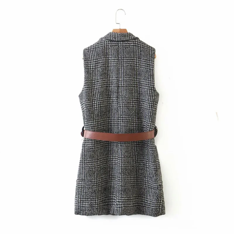 Automne Femmes Plaid Gilet Vestes Manteaux Sans Manches Ceinture Poches Casual Gilet Femelle Tricot Vêtements D'extérieur 210513