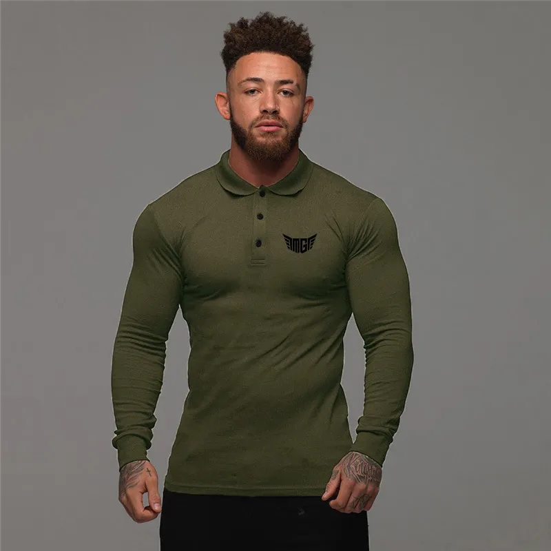 Muscleguys Polo Shirt Men Autumn Fashion Long Sleeve Turn-over Collar Slim Fit Tops Casual Breathable Solid Color Business Shirt 210421