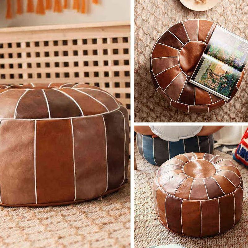 marocain PU cuir pouf broder artisanat hassock ottoman repose-pieds rond grand 50 * 35cm coussin non rembourré en cuir artificiel 211215