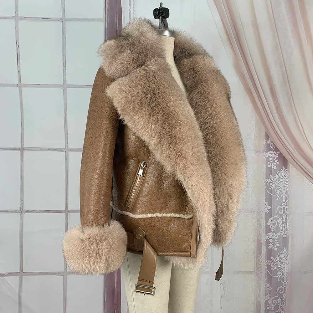 Furealux Real Fur Coats med Wholkinase Sheepskin Warm Jacka Cashmere Foder Äkta Läder Jackor Natural Fur Overwear 210925