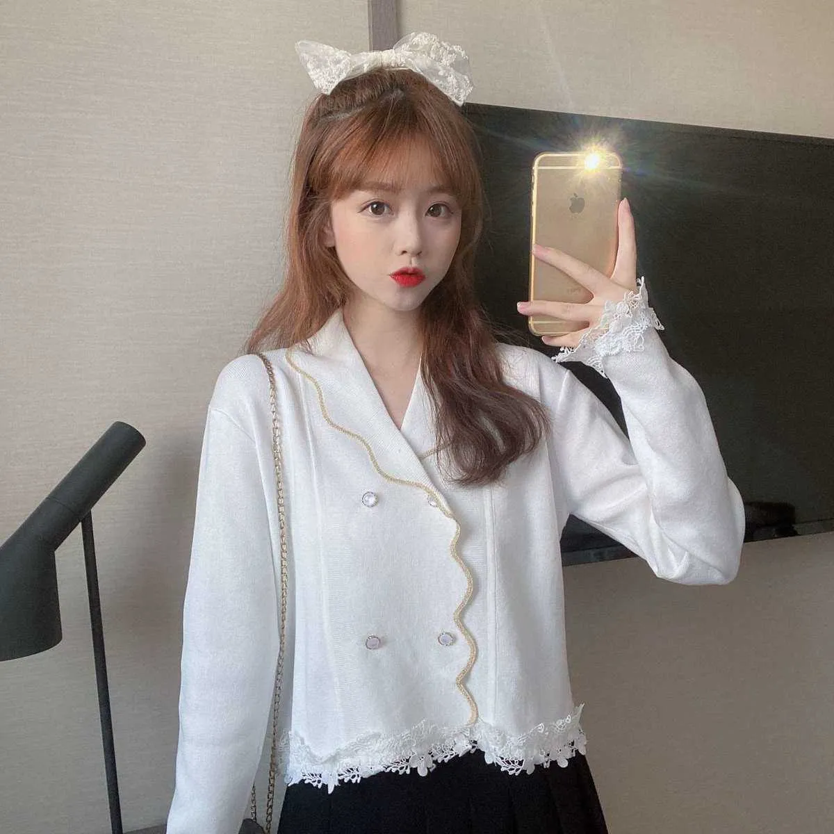 Stickade cardigan kvinnor solid kawaii knit tröja coat mode koreansk stil stickad snöre kvinnlig höst kvinnokläder 210604