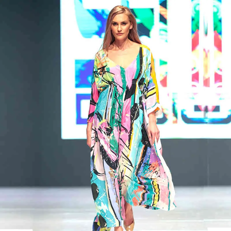 Пляж Kaftan Bohemian Mix Color Печатные Свободные Летние Maxi Платье Хлопок Туника Женщины Пляжная одежда Купальник Корпус Крышка UP Q997 210420