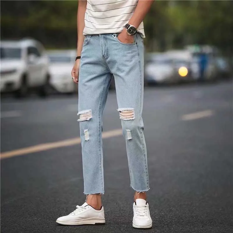 Été 2020 Hommes Cheville Longueur Jeans Mince Mendiant Trou Pantalon Pieds Pantalon Lâche Tendance Sarouel X0621