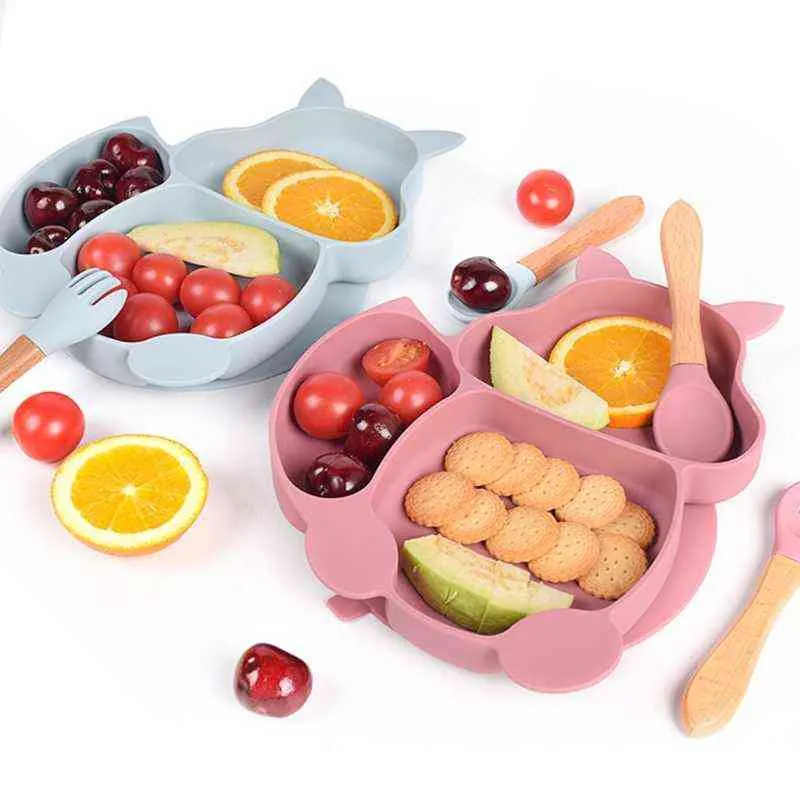 5 pièces bébé vaisselle Kit bavoirs en Silicone écureuil divisé assiette ventouse bol cuillère fourchette ensemble formation alimentation ustensile G1210