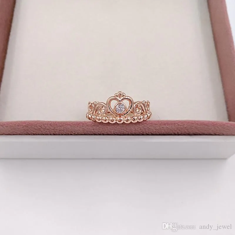 Rose Gold Plated & 925 Sterling Silver Ring My Princess Tiara European Pandora Style Jewelry Charm Crown Ring Gift 180880CZ