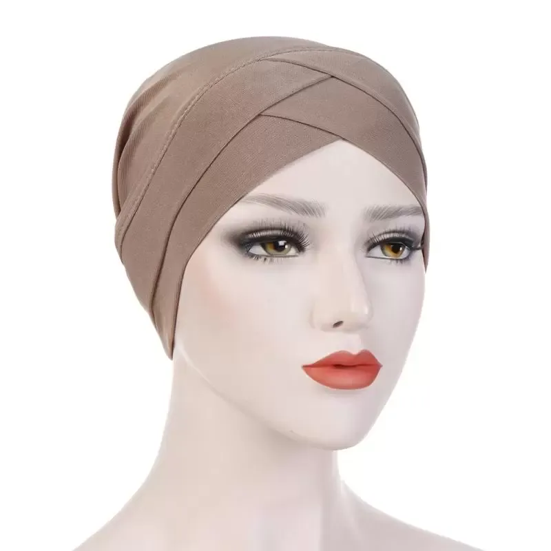 Bonnet / Crâne Casquettes Femmes Tissu Extensible Front Croix Chapeau Cristal Lin Turban Musulman Fond Foulard Mode Chapeaux Écharpe