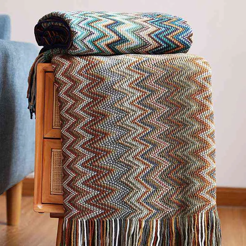 Bohemisk slängfilt med fransar tofs Färgglada vågiga randiga mönster Resestickad sjal Soffa Soffa Stol Sängöverdrag 211122
