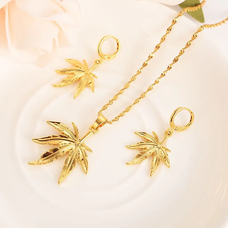Модный комплект ожерелья и сережек с листьями, женский подарок на вечеринку, серьги из цельного золота 18 карат, кулон, ювелирные изделия Sets247M
