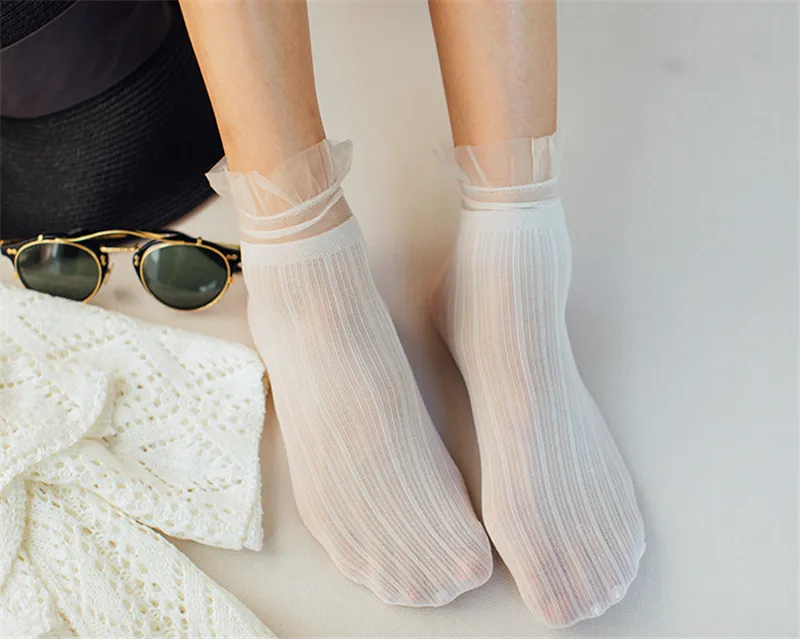 Kvinnor Transparent Mesh Glass Silk Socks Summer Crystal Lace Solid Sock För Ladies Elastiska Sexiga Ultrathin Velvet Strumpor