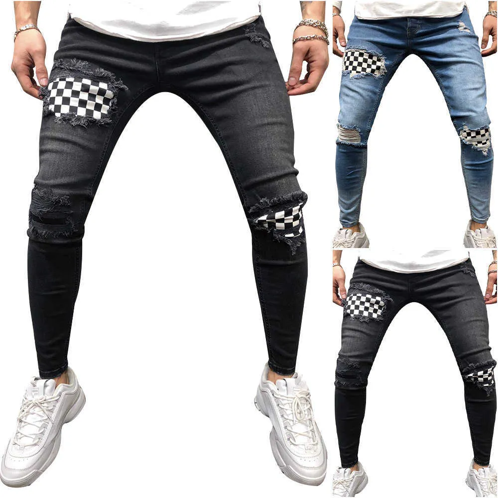 2021 Moda Hip Hop Jeans Maschili Streetwear Casual Foro Rotto Pantaloni Della Matita Biker Masculino Salopette di Jeans Mens Pantaloni X0621