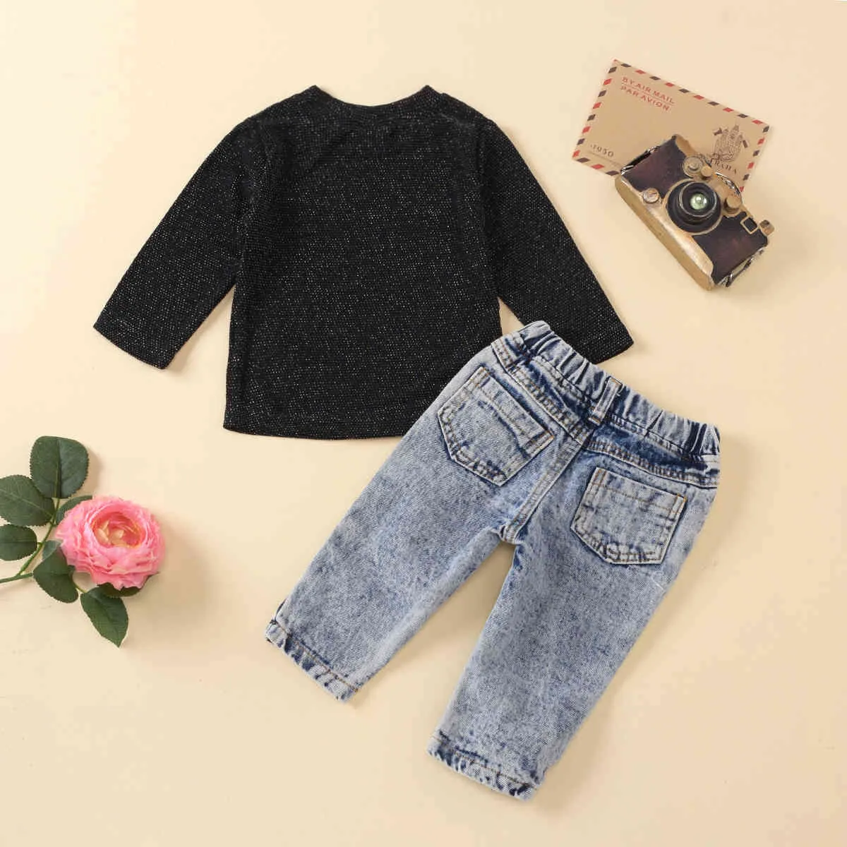 6M-5Y Autumn Toddler Baby Kid Girl Clothes Black Long Sleeve T Shirt Tops Denim Pants Outfits Children Costumes 210515