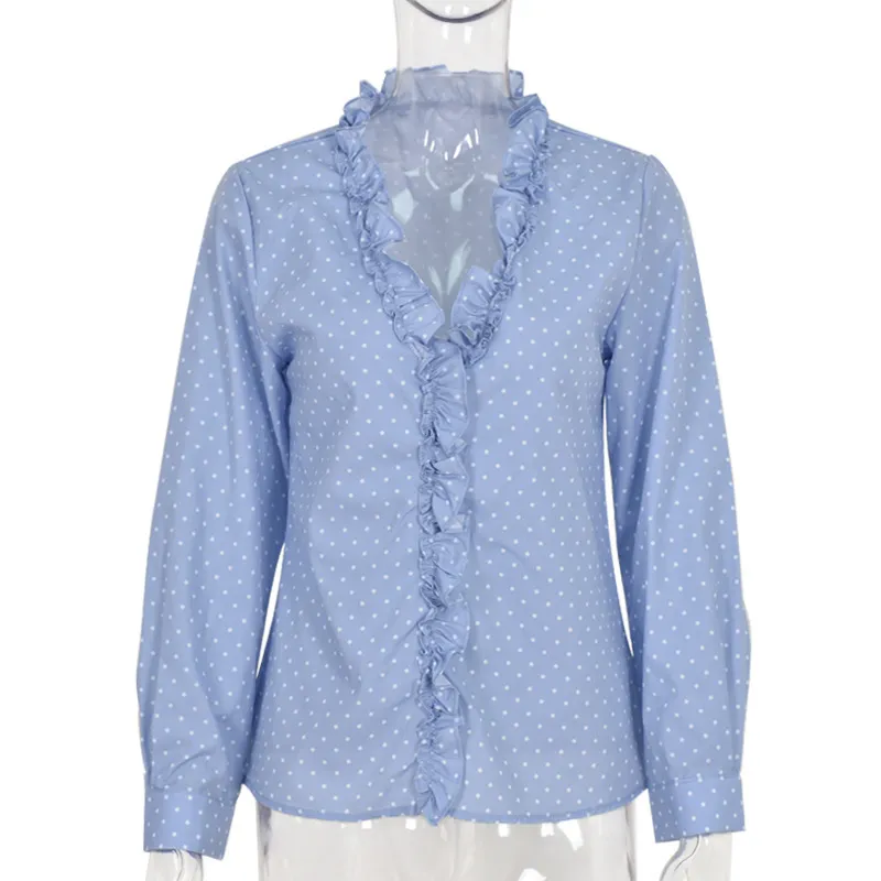 Foridol élégant à pois volants chemise femmes Sexy col en V à manches longues automne hiver Blouses dames haut tendance 210415