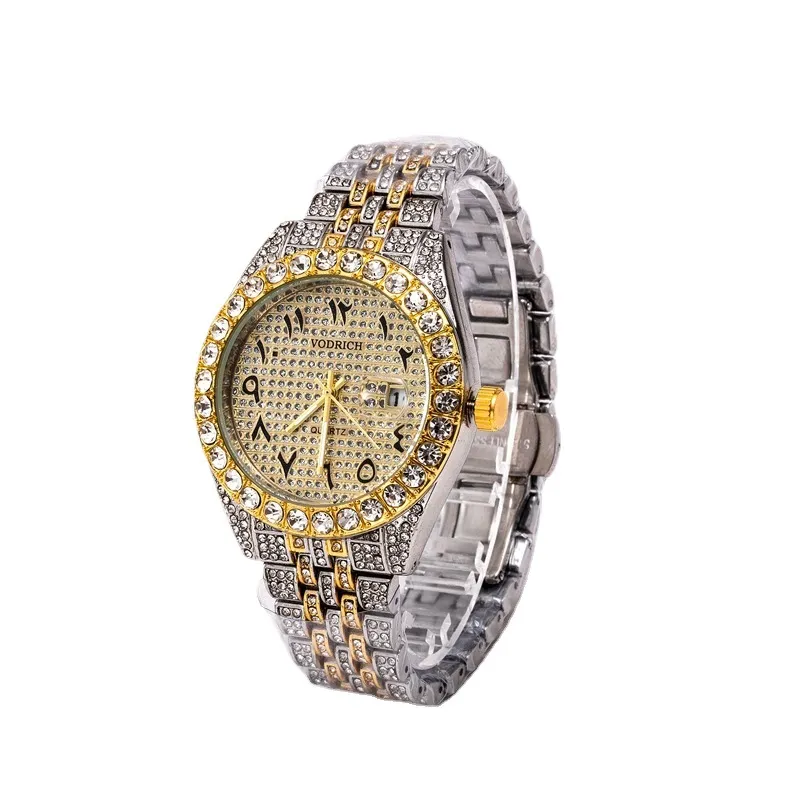 Montre classique à quartz et or pour hommes, commerce extérieur, plein de diamants, date, trois perles, gemme, Whole205A, 2021