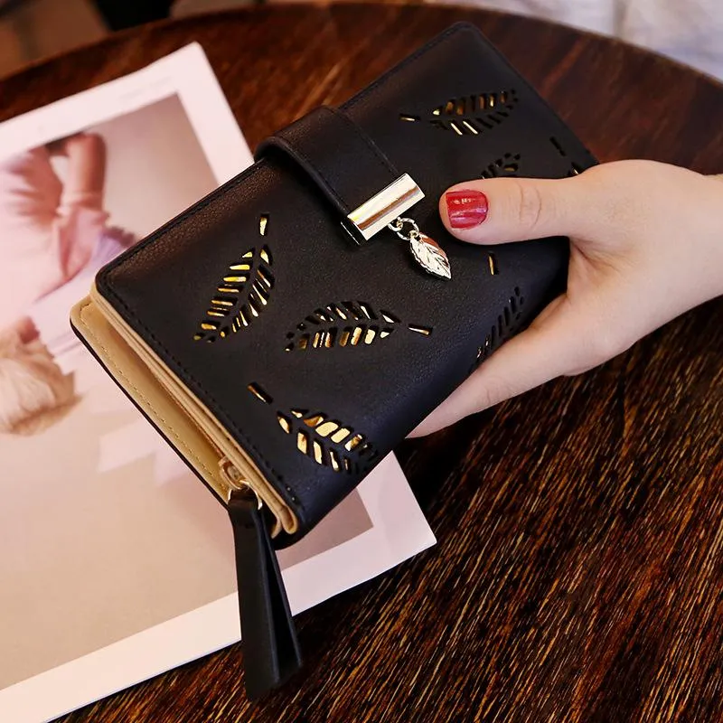 Wallets Women's Wallet Portfel Female Long Gold Hollow Leaves Pouch Handbag For Women Coin Purse Card Holders Portefeuille Fe251P