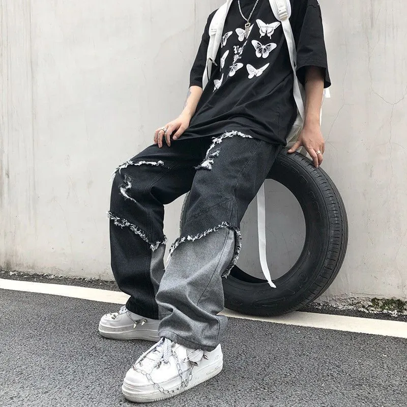 Korean Fashion Tassel Contrast Cool High Street Harajuku Style Loose Raw Edge Jeans Men's Trendy