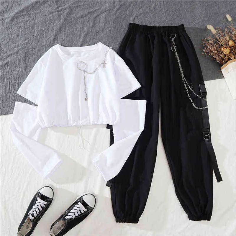 Ybyr Dames Harajuku Cargo Broek Fashion Casual Tweedelige Pakketting Lange Mouw + Lint Broek Mannen Punk Elastics Taille Broek 211105