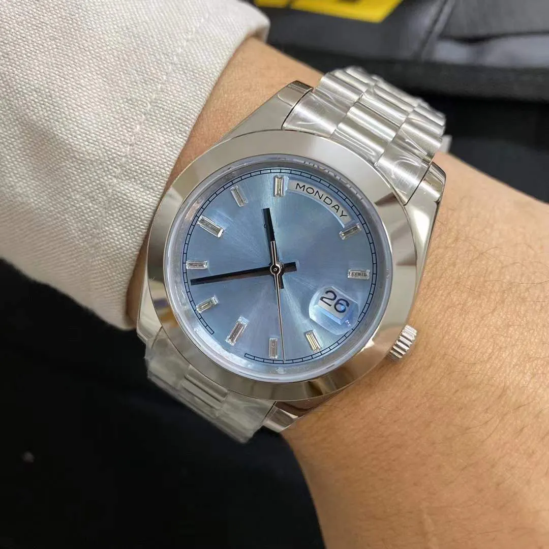 St9 zegarki stalowe zestawu diamentowego 40 mm niebieskie wybieranie lodu automatyczny ruch mechaniczny szafir szklany prezydent męski ze stali nierdzewnej Wristwatche243J