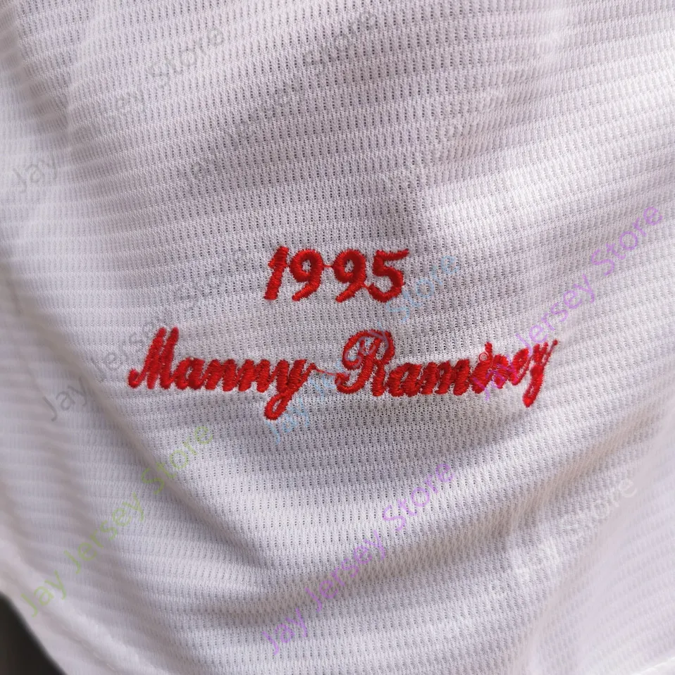 Бейсбольные майки Мэнни Рамирес Джерси 1995 WS Темно-синяя белая кнопка Turn Back Red Player Vintage 2004 WS Патч Темно-серый Размер S-3XL