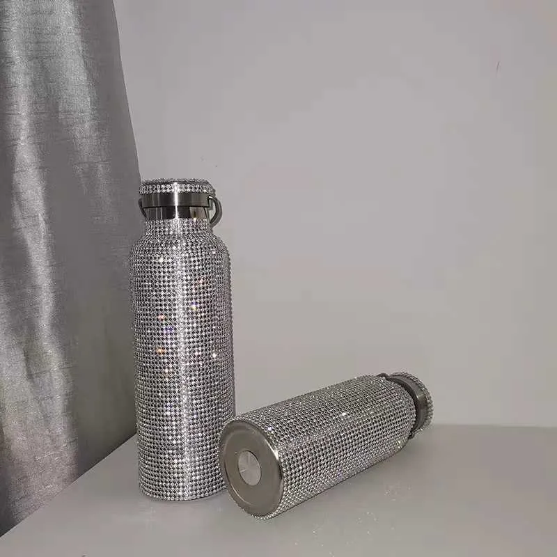 Bottiglia termica scintillante di alta qualità in acciaio inossidabile con diamante termico termo argento acqua con coperchio 210907