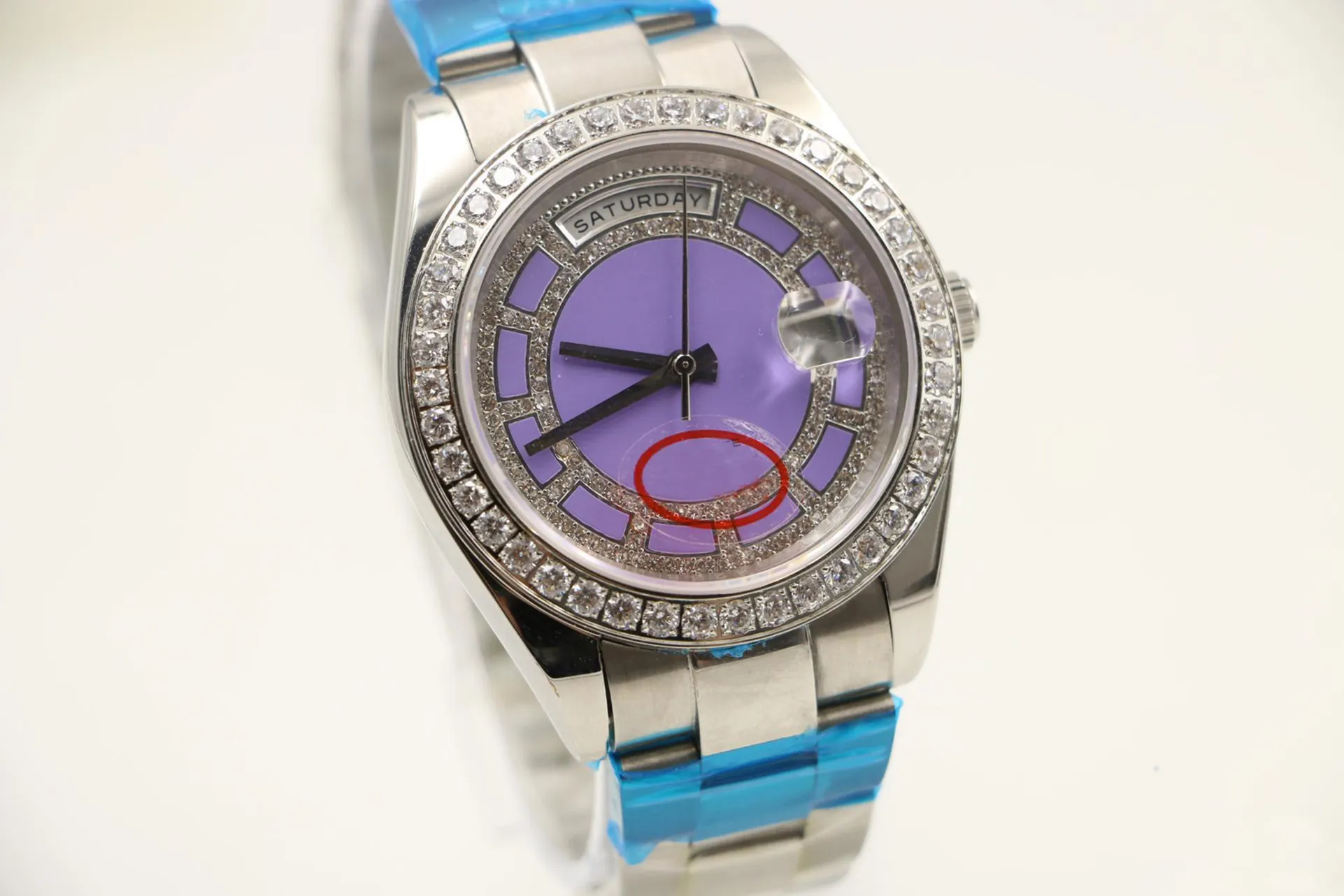 40-mm-Herren-Automatikuhren mit rundem violettem Zifferblatt und Diamant-Edelstahlgehäuse239W
