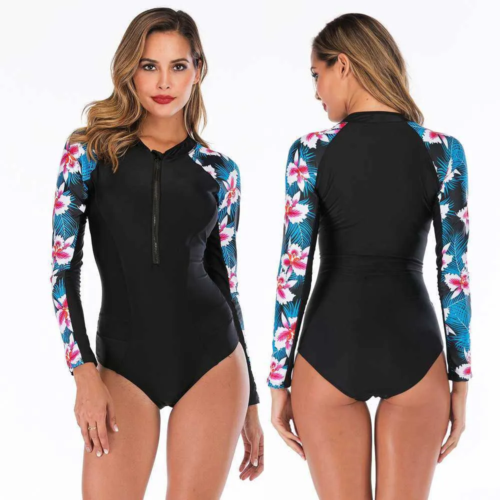 Sport Long Sleeve Swimsuit Women Swimwear Plus Size Surfing Suit Monokini Bodysuit Beach Wear Ladies Bathing Suit 210604