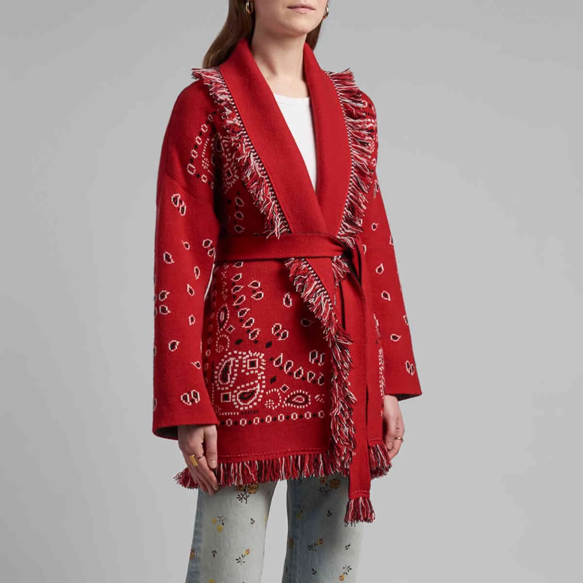 Jastie Cashmere Bandana Motiv Fringed Cardigan Dam V-Neck Tie Midja Långärmad Vintertröja Stickat Varm Tjock Overcoat 210419