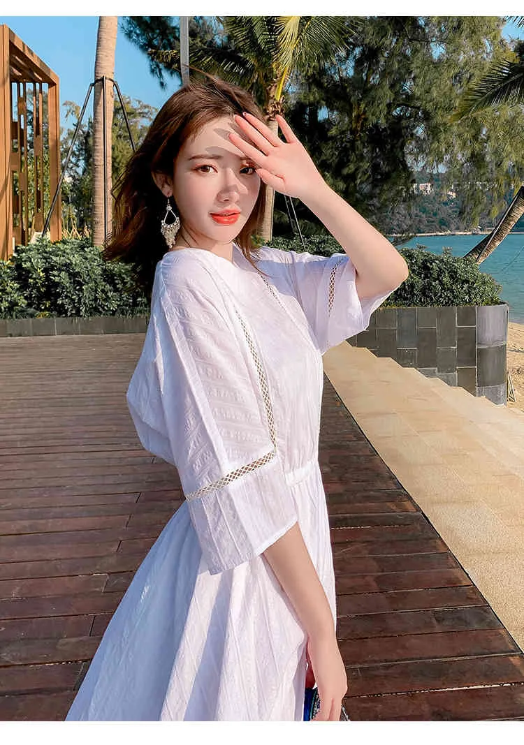 Spring Summer Women's Three Quarter Sleeve O Neck Vintage Female Big Swing Elastic Waistline A Line Dress Long Vestidos 210514