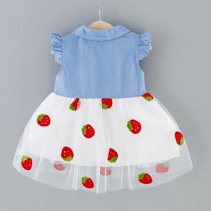 Summer Girls' Children'S Clothing Cute Little Strawberry Mesh Stitching Denim Shirt Collar Baby Kids Dress 210611
