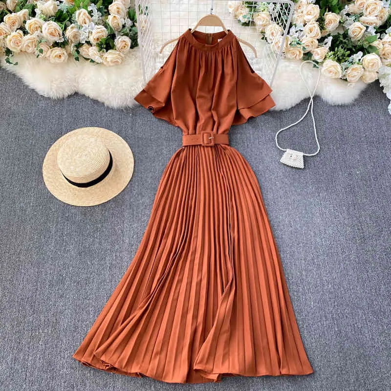 Mulheres Singreiny Hollow Off Ombro vestido elegante Ruffles manga uma linha vestido verão coreano streetwear plissado vestido longo 210419