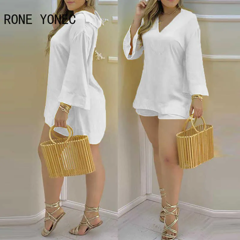 Women Two Piec Set Solid Plain Bell Sleeve V-Neck Top & Shorts Set Outfit Summer suit 210707