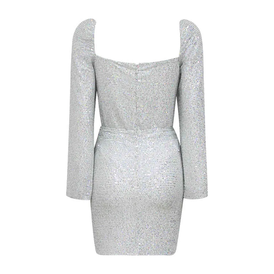 Gratis Kvinnors Silver Sequined Skirt Set Sexy V-Neck Lantern Sleeve Top Draped Mini Two-Pite 210524