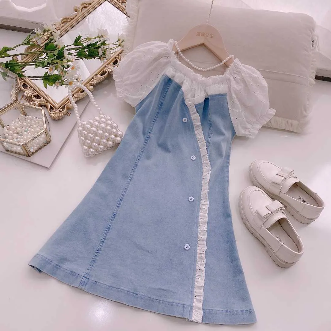 Flickor klänning jeans färg mode patchwork barn klänning toddler tjej kläder koreanska baby kläder droppe 210715
