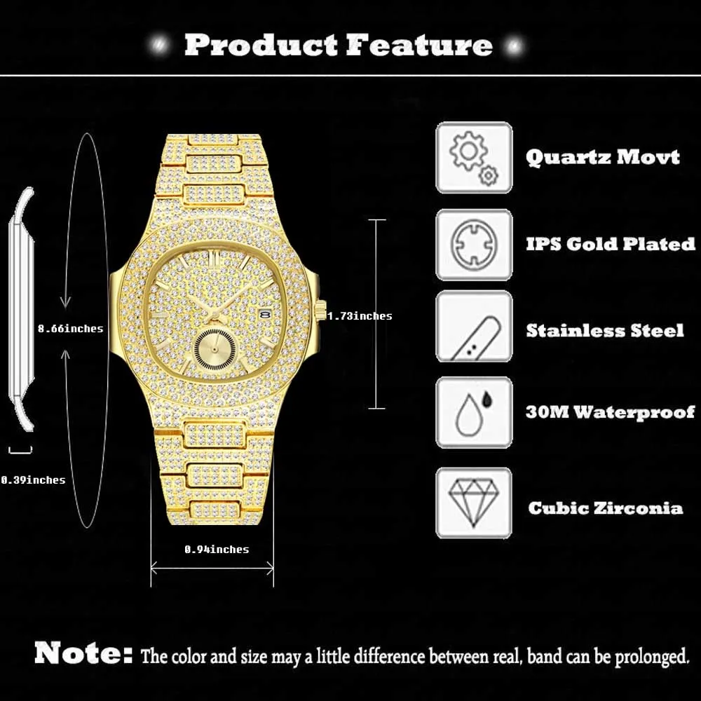 男性のための18KゴールドウォッチラグジュアリーフルダイヤモンドメンズウォッチファッションクォーツリストウォッチAAA CZヒップホップは男性時計reloj271d