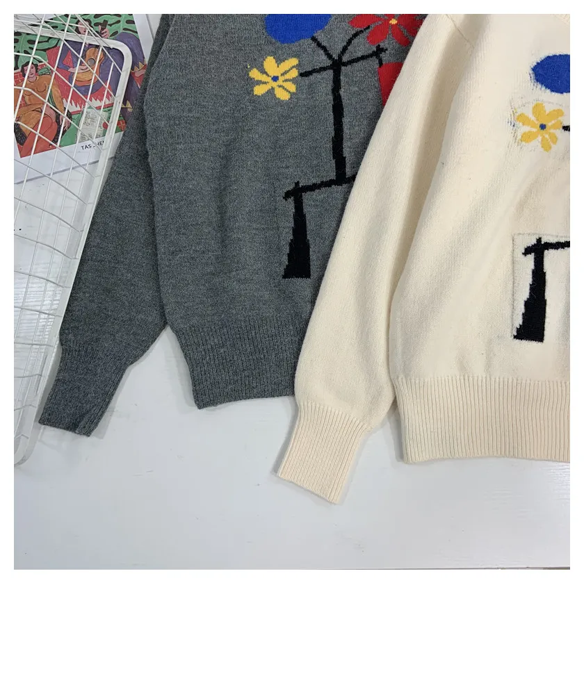 H.SS Boy Jumper Kış Giysileri Oneck Retro Vintage Çiçek Jakarlı Bej Kazak Çekme Süveterleri 210417