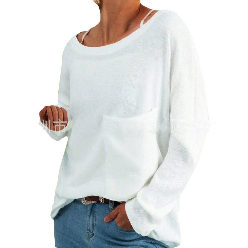 T-shirt da taschino girocollo a maniche lunghe in pile autunno T-shirt da donna Top da donna T-shirt oversize solida allentata casual Ropa Mujer 210517