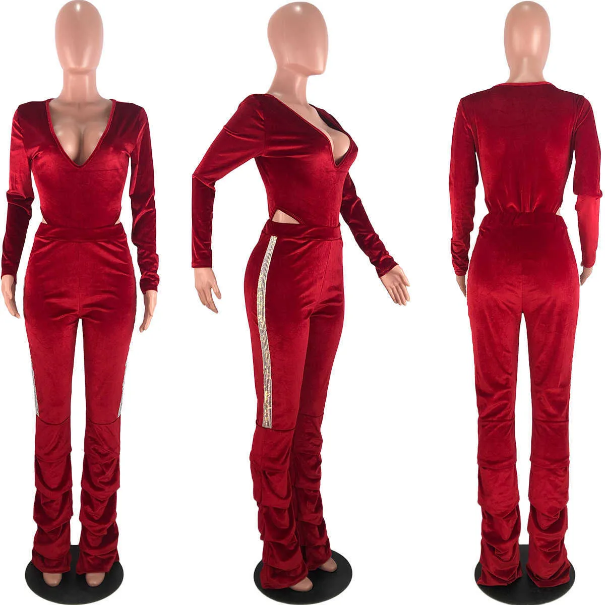 Falla guld velour kostym damer sexig djup v-hals långärmad jumpsuits + paljetter staplade byxor ensemble femme 2 stycken dresy damskie 210604