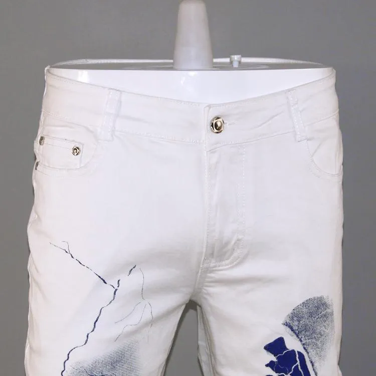الرجال الصيف جينز القطن المخلوطة الأبيض السراويل عارضة سليم رقيقة بنطلون طويل مع الطباعة الحبر رذاذ